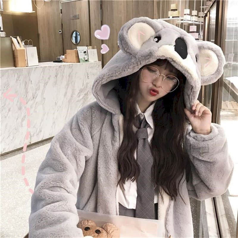 Plush Jacket Female New Style Japanese Soft Girl 2022 Winter Cute Koala Ear Hooded Jacket Student Thickened Furry Jacket Girl