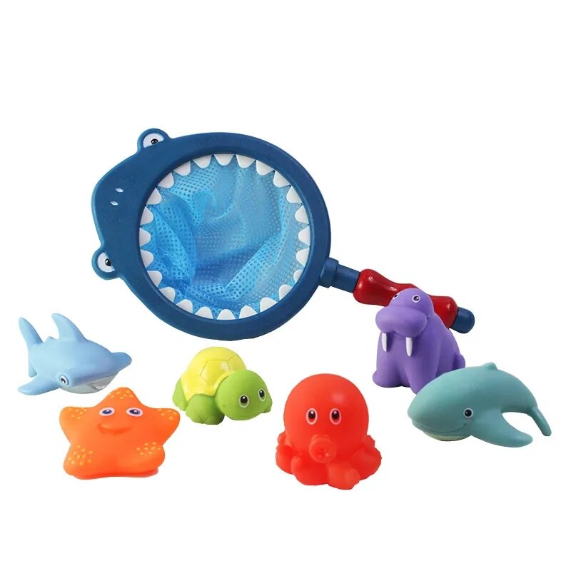 7PCS/Sets Fishing Toys Network Bag Pick up Duck&Fish Kids Toy Swimming Classes Summer Play Water Bath Doll Water Spray Bath toys