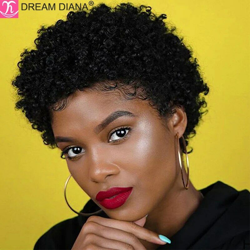 DreamDiana Wig Rambut Keriting Pendek Brasil Wig Keriting Remy Afro untuk Wanita Rambut Manusia Buatan Mesin Penuh Perruque Cheveux Humain