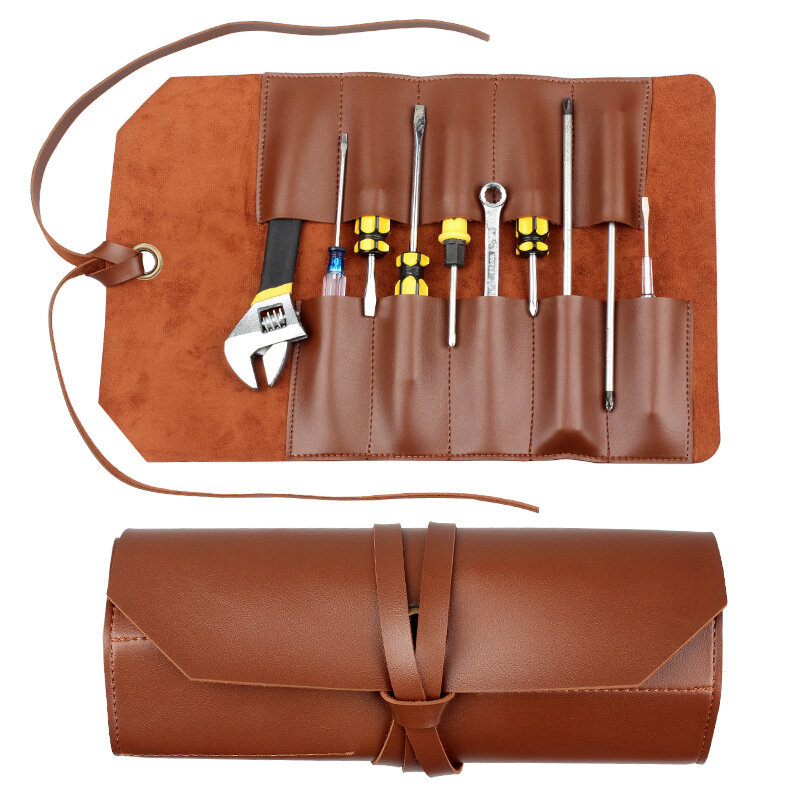 Bolsa enrollable de PVC para herramientas, kit de herramientas multifuncional de varios bolsillos, bolsa de Rollo de Llave, portaherramientas con cremallera, bolsas de almacenamiento de cuero PU