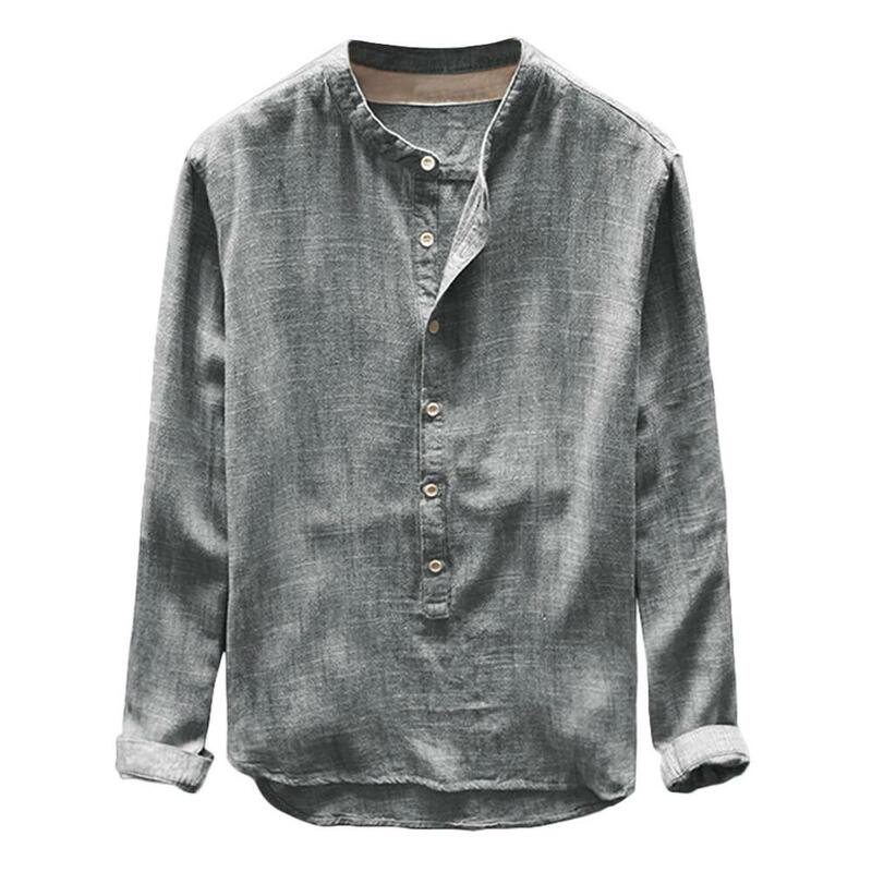 Moda para hombre Otoño Invierno botón Casual lino y algodón de manga larga blusa superior