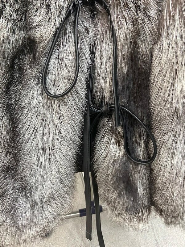 High Quality Luxury Women Female Real Silver Fox Fur Outside Genuine Sheepskin Leather Oversize Loose Leisure Coat