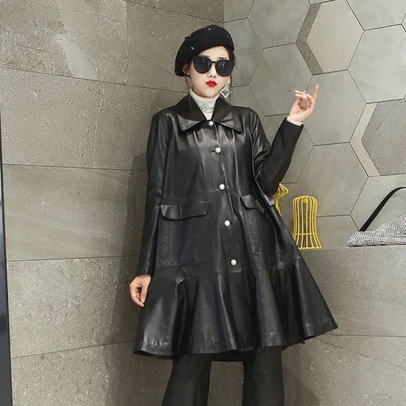 2022 Streetwear autunno inverno giacca a vento in vera pelle da donna monopetto con volant giacca lunga cappotto in pelle di montone femminile sciolto
