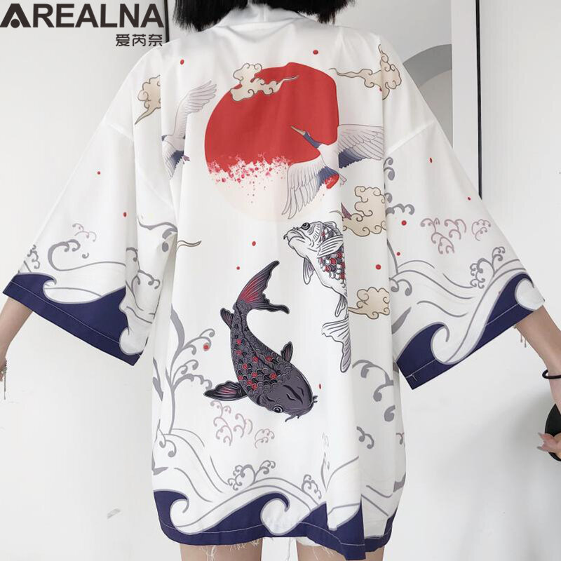Kimono Japonais Traditionnel pour Femme, Vêtement avec Grue, Carpe, Anime, Chemises Habillées, Samouraï Haori zones bre, Cardigan MiMan
