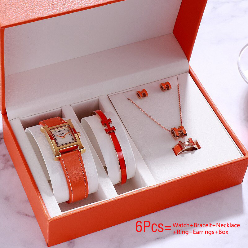 Luxus Damen Quarz Uhr Geschenk Für Frauen Uhren Armband Ohrringe Halskette Uhren Set 6Pcs Mode Weibliche Armbanduhr Mit Box