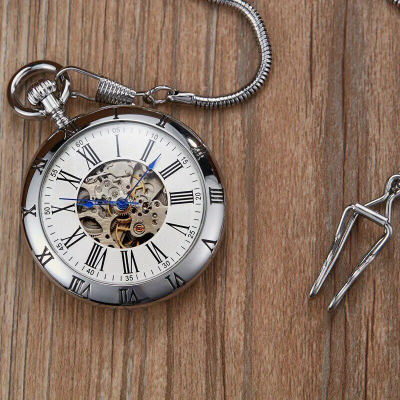 Smooth Retro Round Golden Mechanical Pocket Watch Men Fob Chain Exquisite Sculpture Copper Automatic Pocket Watch Male Gifts