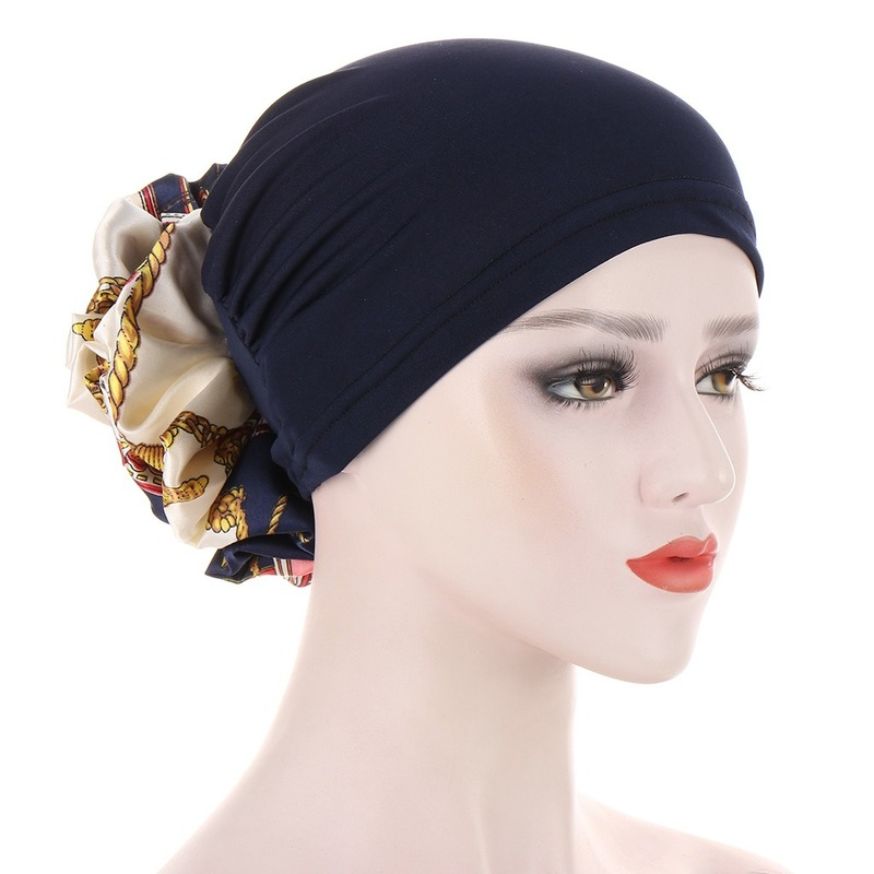 KepaHoo Stretchy Satin Flower Turban Bonnet For Women Muslim Under Hijab Cap Solid Color Islamic Inner Hijabs Headwrap Chemo Cap