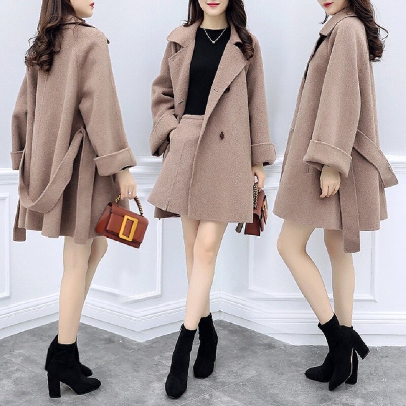 Women's Woolen Blazer and Skirt Set, Casual Fashion Suit, Autumn and Winter Clothes, 2 Piece, W813, New,