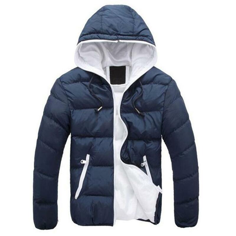 Fashion New Men Color Block Zipper Hooded Cotton Padded Coat Slim Thicken Outwear Jacket