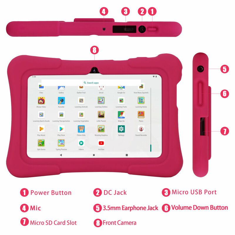 PRITOM-Tableta K7 de 7 pulgadas para niños, Tablet con Android 10,0, 1GB de RAM, 16GB de ROM, cuatro núcleos, WiFi, Bluetooth, cámara Dual con funda para Tablet para niños