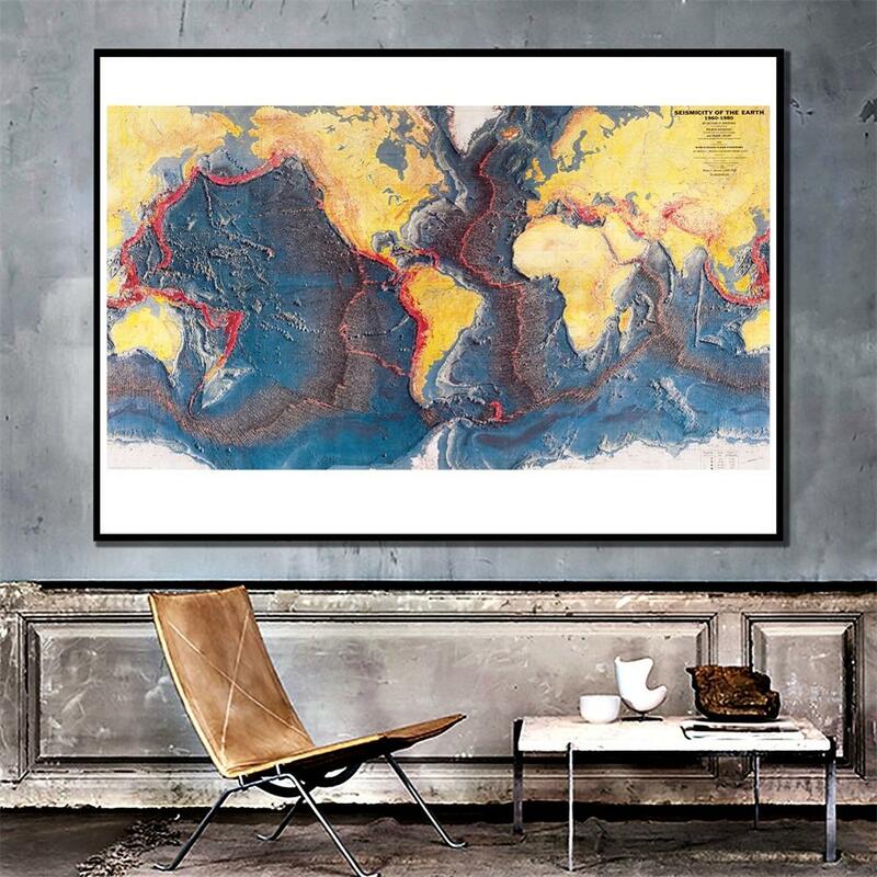 24x48 inch 1960-1980 Seismicity of The Earth Home Office Wall Decor Canvas Painting Living Room Decor Map
