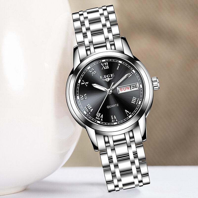 LIGE-reloj de pulsera de cuarzo para mujer, accesorio de lujo, sencillo, de marca superior, informal, con esfera negra, resistente al agua, novedad