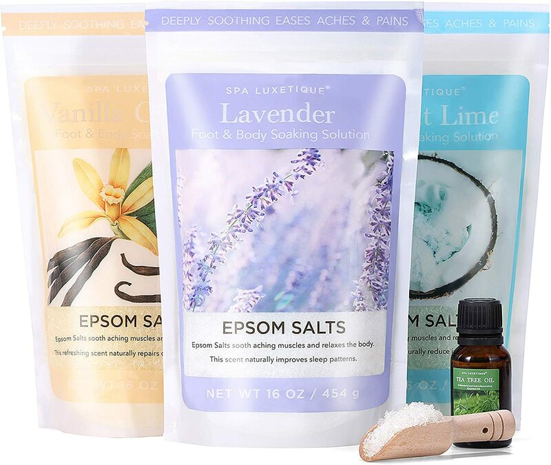 3x 16oz Foot Body Soaking Solution Epsom Bath Salts with 15ml Essential Oil, Sooth Aching Muscles and Relax Bodye