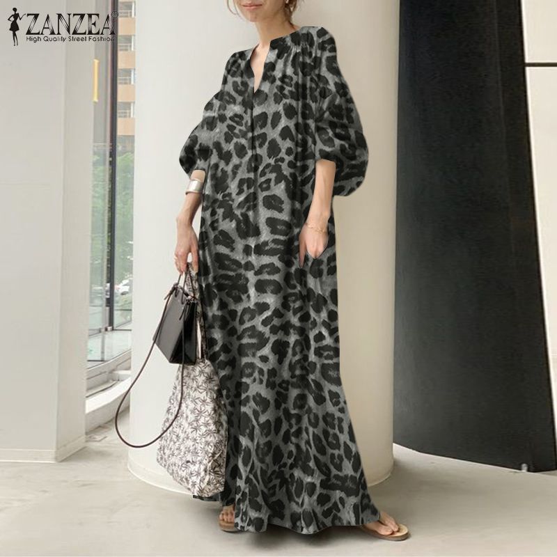 ZANZEA-vestido maxi estampado leopardo feminino, manga folhada, túnica com decote V, longo, grande, moda primavera, 2023