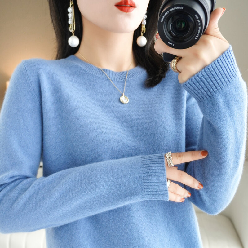 女性の長袖ニットセーター,ベーシックなラウンドネックのゆったりとしたセーター,無地,秋冬の新作コレクション2021