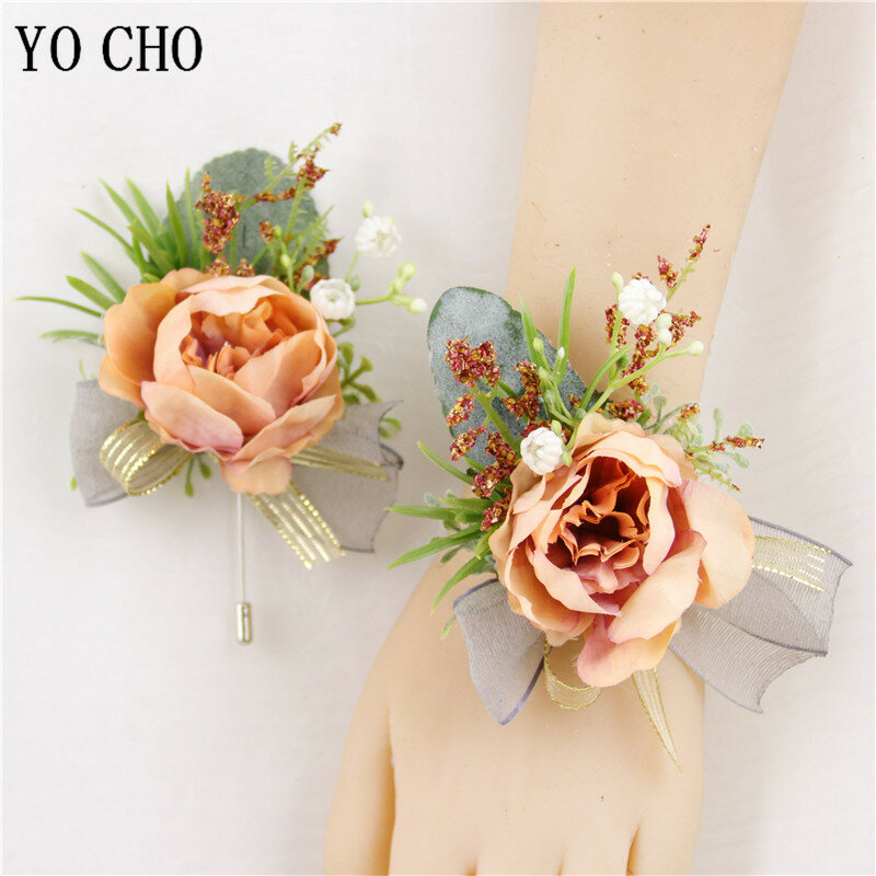 Yo Cho Pernikahan Korsase dan Boutonnieres Buatan Sutra Rose Bunga Gadis Pergelangan Tangan Korsase Desain Unik Prom Pesta Bunga Gelang