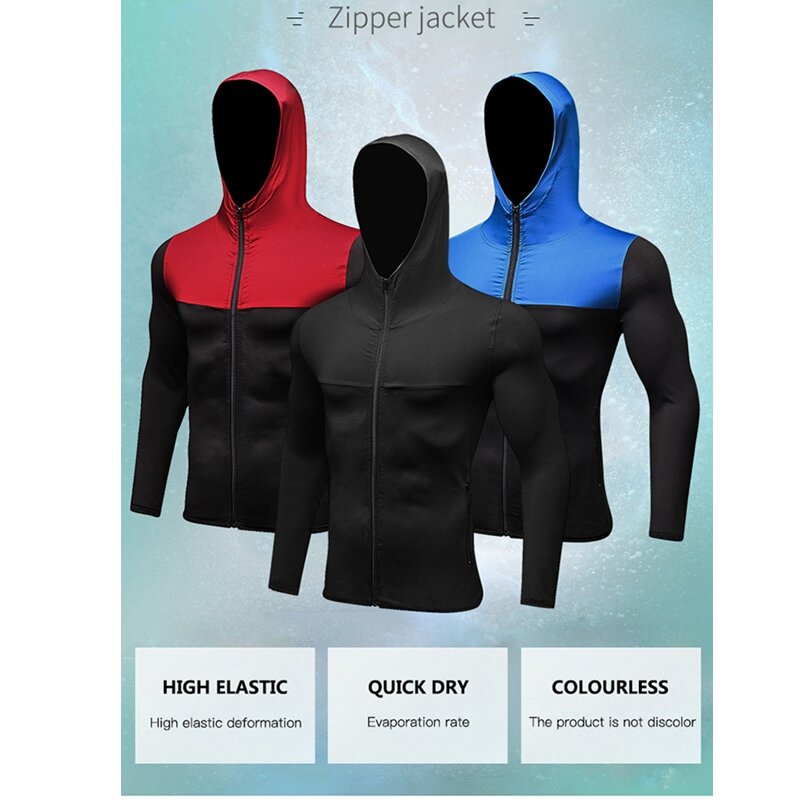 Jaket Lari Pria Berkualitas Hoodie Kaus Sepak Bola Kompresi Kebugaran Ketat Kaus Rashgard Olahraga Binaraga Gym