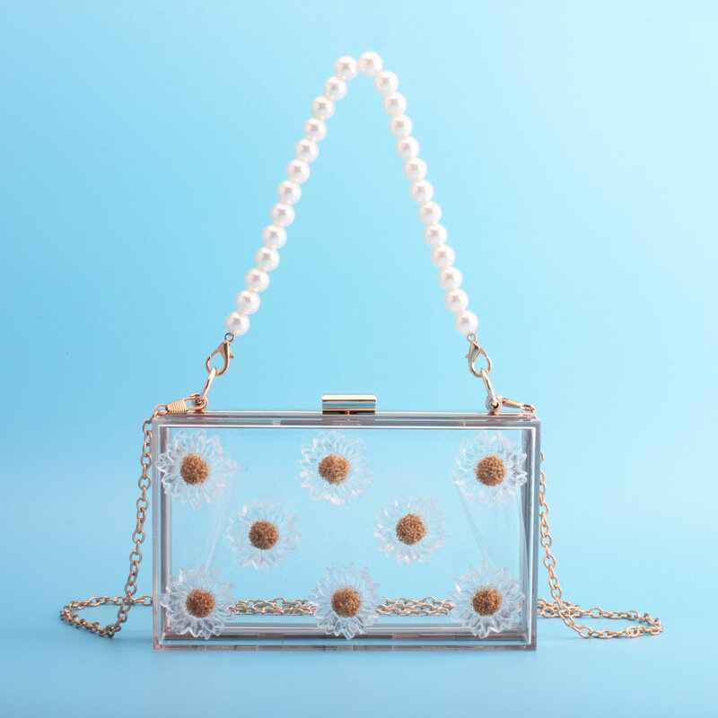 Bolsa de verão transparente acrílica 18x11cm, bolsa com aba e corrente de margaridas, bolsa mensageiro, bolsa de mão para jantar a6139