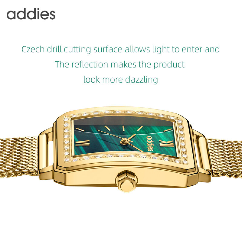 ระบบรุ่น ADDIES ผู้หญิงนาฬิกาแฟชั่นสุภาพสตรีนาฬิกาควอตซ์สแตนเลสสตีลสีเขียว Dial ทองคำสีกุหลาบตาข่ายหรูหราผู้หญิงนาฬิกา