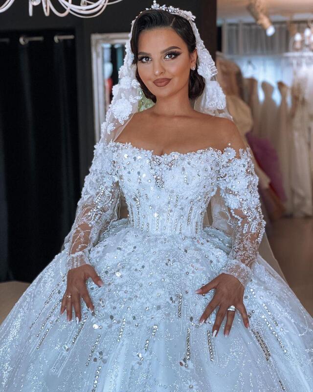 Plus Size Arabic Luxurious Sexy Lace Wedding Dresses Crystals Long Sleeves Bridal Dresses Sheer Neck Wedding Gowns