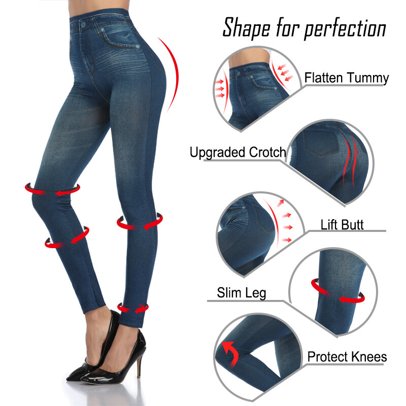 Леггинсы женские бесшовные из искусственного денима с эффектом пуш-ап и высокой талией, повседневные эластичные джинсы с карманами и принтом, узкие брюки-карандаш