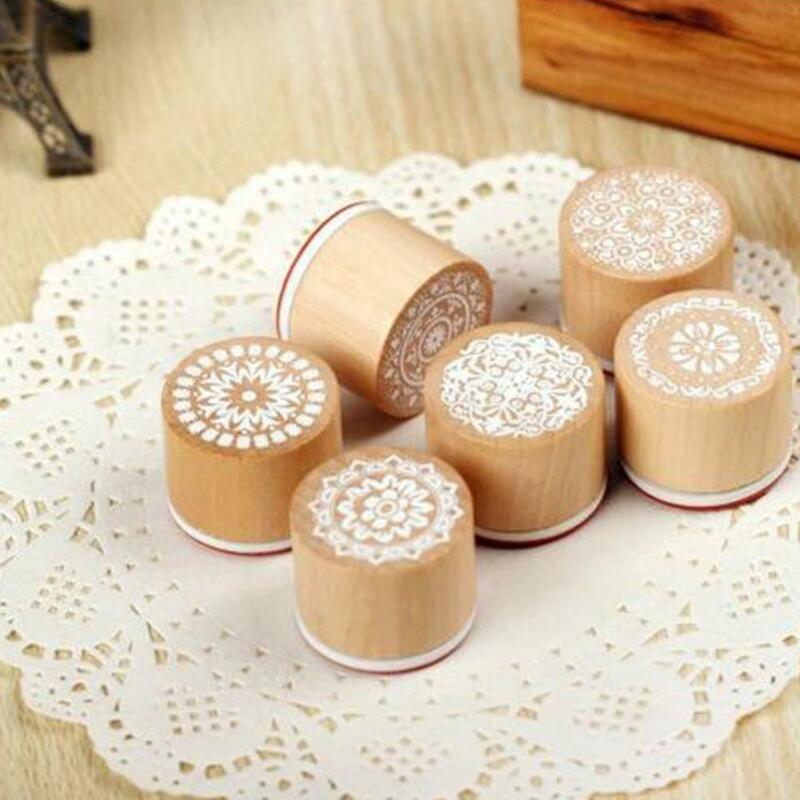 6Pcs Useful DIY Mini Round Wooden Stamp Floral Pattern Stamp Reusable  Easy Carry