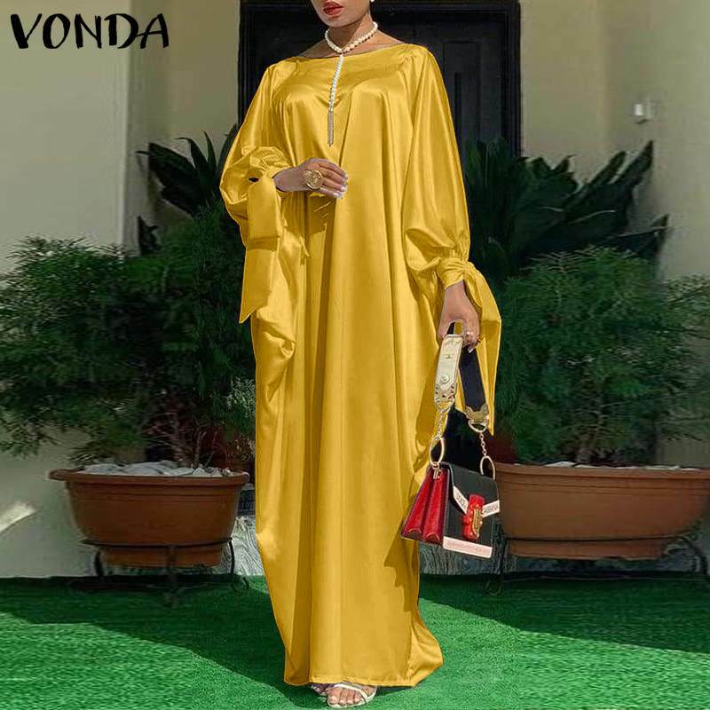 Oversized Dress VONDA 2023 Autumn Elegant Satin Dress Women Bohemian Holiday Party Sundress Casual Loose Maxi Long Vestidos Robe