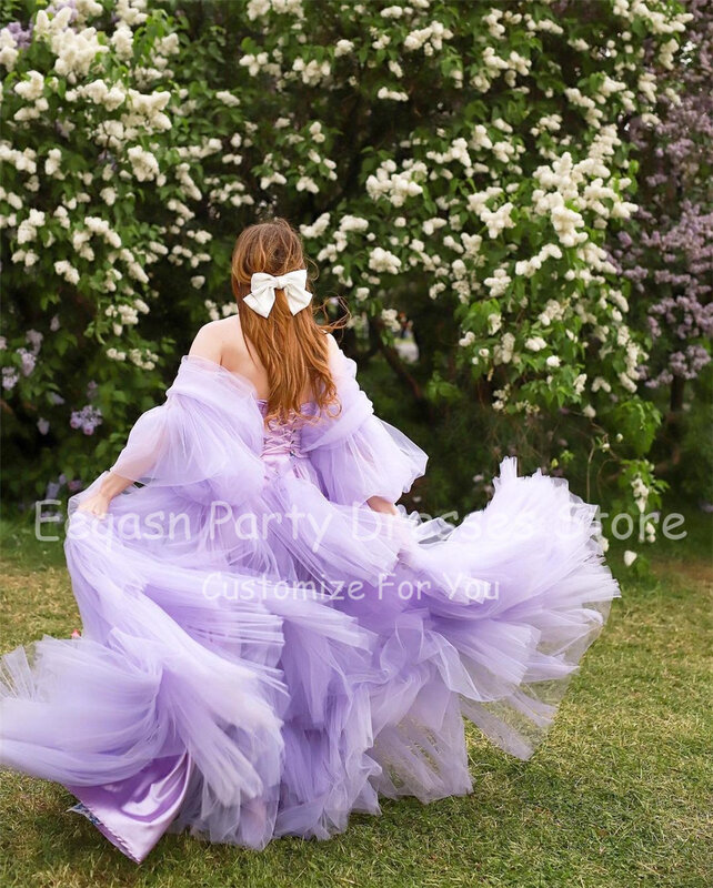 Eeqasn Gaun Prom Lengan Bengkak Panjang Lavender Gaun Malam Rok Berjenjang Bahu Gaun Formal Wanita Berenda 2022