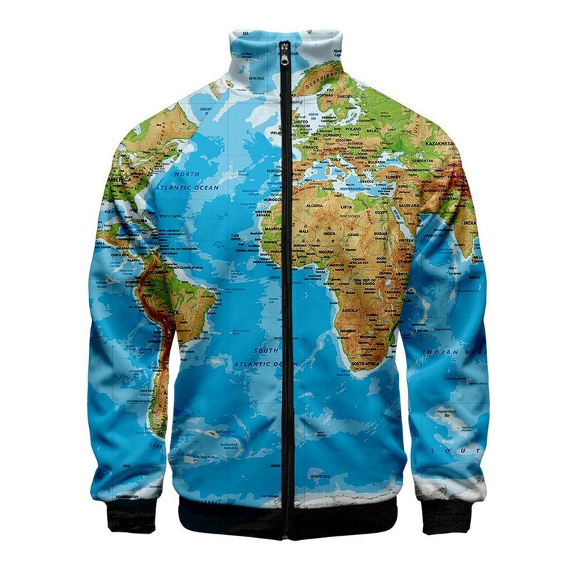 Chaqueta Vintage para hombre, chaqueta Unisex informal con estampado de mapa del mundo en 3D, cárdigan con cremallera, ropa de calle de manga larga, chaqueta con cuello levantado