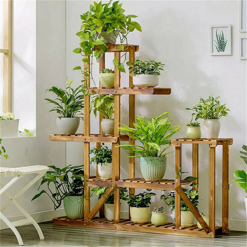 Soporte de madera para macetas, estante de exhibición para múltiples plantas, interior, exterior, jardín y Patio, 6 niveles