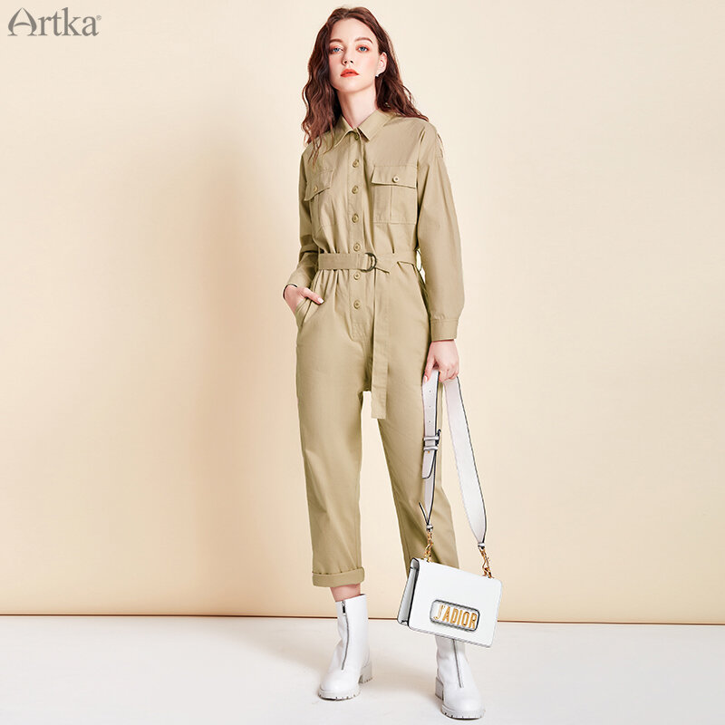ARTKA 2020 الخريف جديد المرأة بذلة 100% القطن أزياء عالية الخصر زر بذلة مع حزام الإناث عارضة وزرة KA25005C