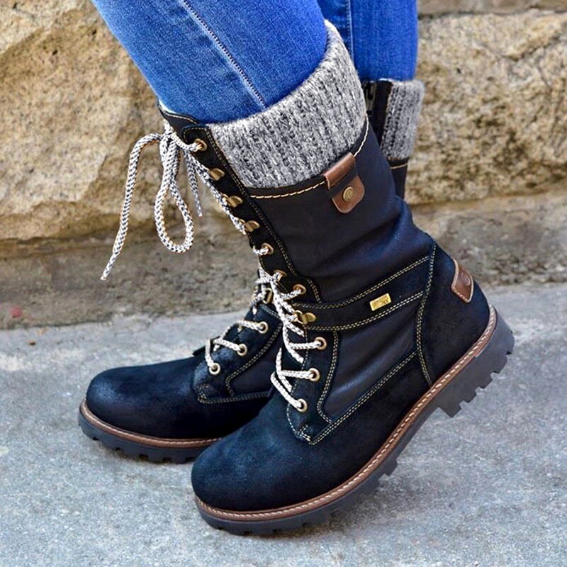 LOOZYKIT2020 Winter Boots for Women Basic Mid Calf Boots Woman Round Toe Zip Platform Boot Female Shoes Warm Lace Up Boots Shoes