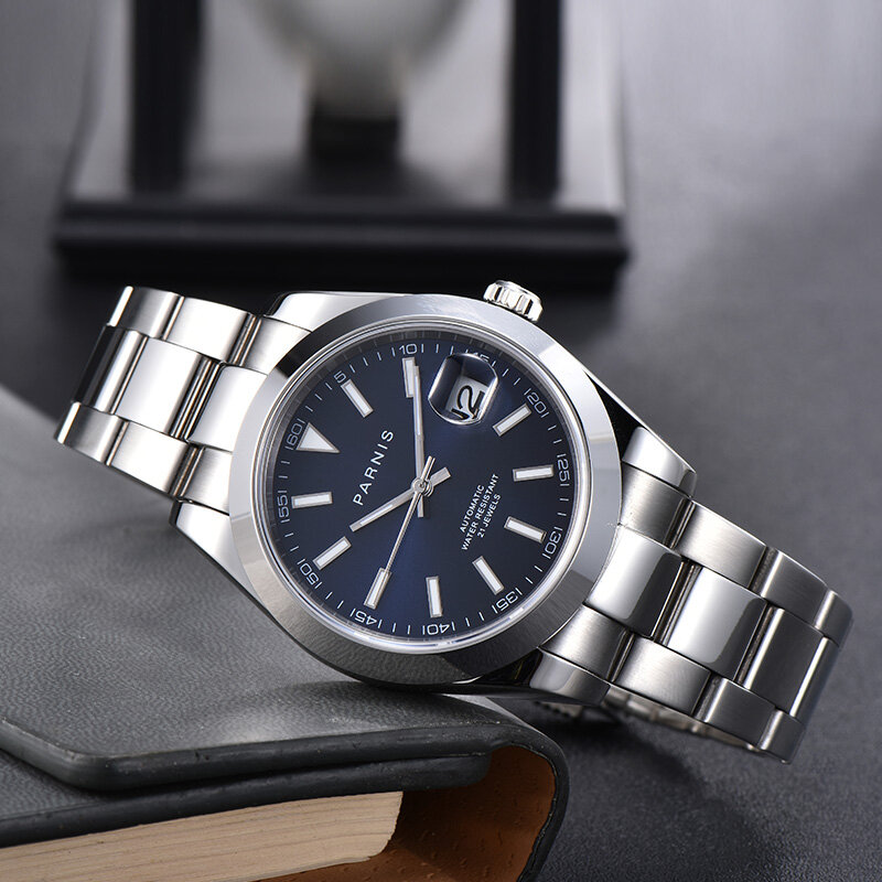 Parnis นาฬิกาผู้ชายหน้าปัดสีฟ้าปฏิทิน Miyota การเคลื่อนไหว8215 21 JEWELS นาฬิกาข้อมือผู้ชายอัตโนมัติ orologio Uomo 2023