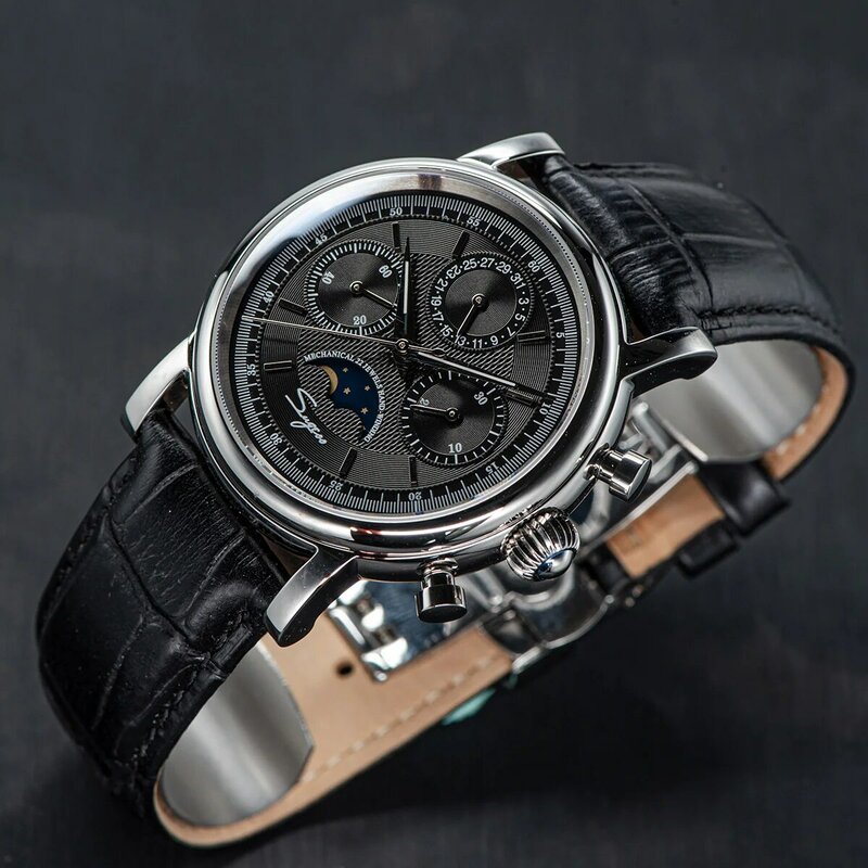Sugess mechanische Uhr st1908 Chronograph Armbanduhren Mondphasen werk wasserdichte Uhr Saphir Kalender Vintage bk Zifferblatt