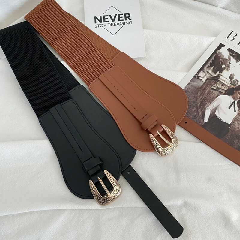 Cinturón de piel sintética para mujer, faja elástica de alta calidad con hebilla de Pin tallada Vintage, superancha, color negro