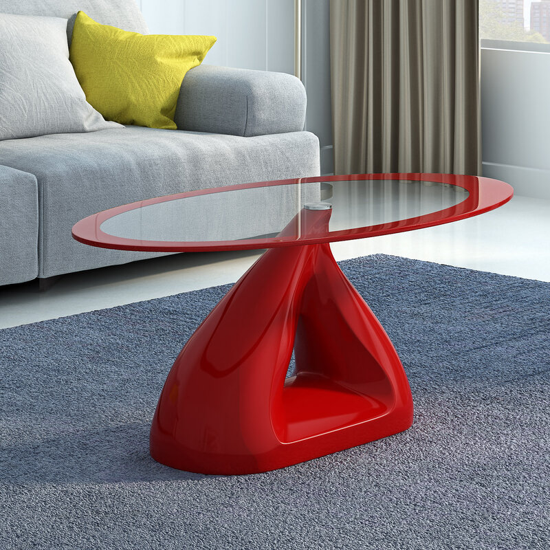Panana moderno retro oval de vidro alto brilho mesa de café base de fibra de vidro preto/branco/vermelho
