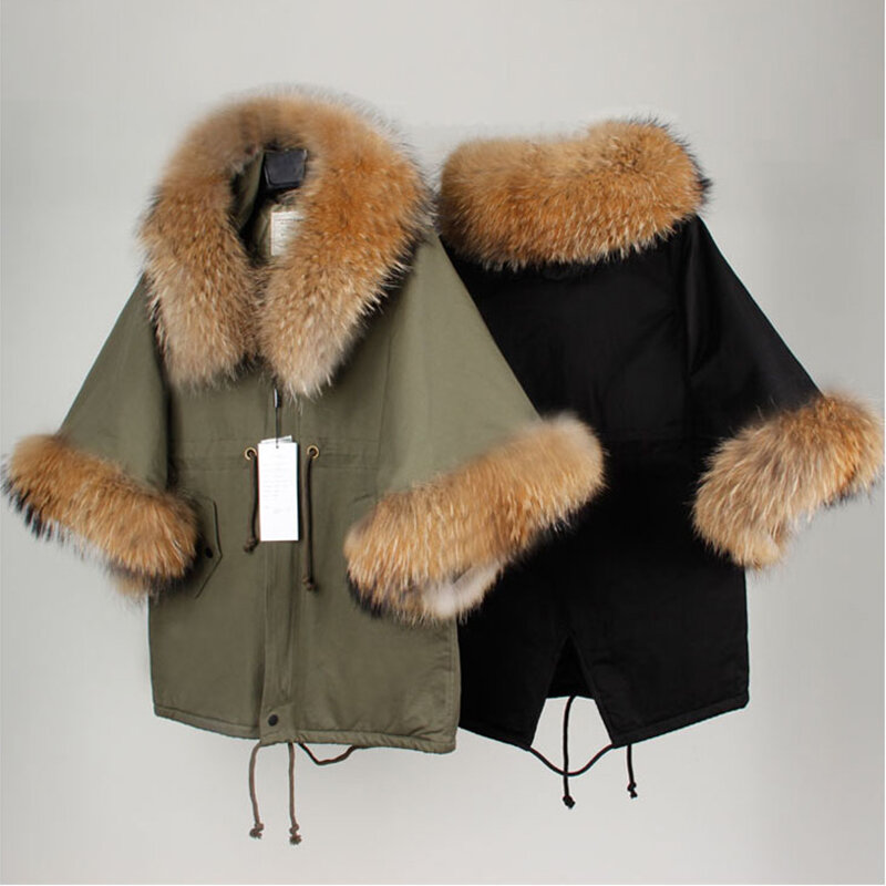 MAOMAOKONG Autumn and winter new style raccoon fur collar green casual coat trumpet sleeve cloak cotton jacket women