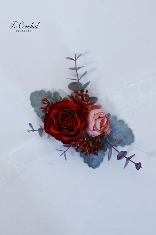 Peorchid vermelho corsages casamento e boutonnieres dama de honra flores pulseira de mão para meninas baile de formatura acessórios masculino boutonnieres