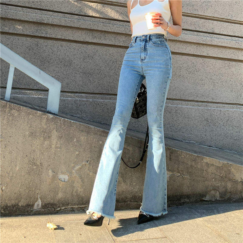 Jeans Suar Ramping Pinggang Tinggi Kasual Wanita Celana Denim Potongan Bot Elastis Antik Jalanan Tinggi Celana Panjang Denim Skinny Chic Wanita