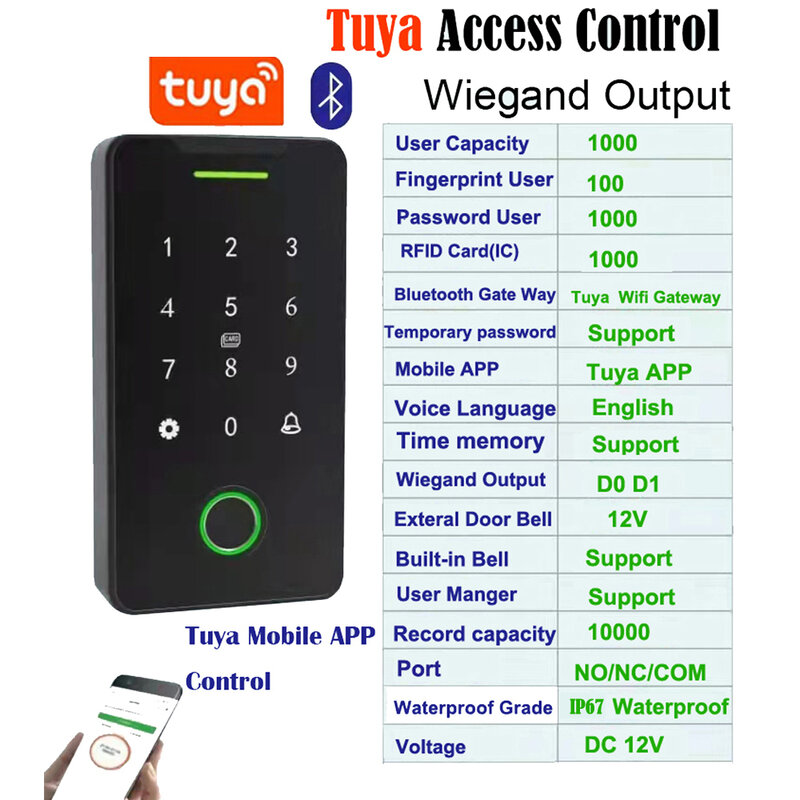 NFC 블루투스 Tuya 앱 백라이트 터치 13.56Mhz RFID 키, 액세스 제어 키패드 도어 잠금 오프너 Wiegand 출력 Ip66 방수