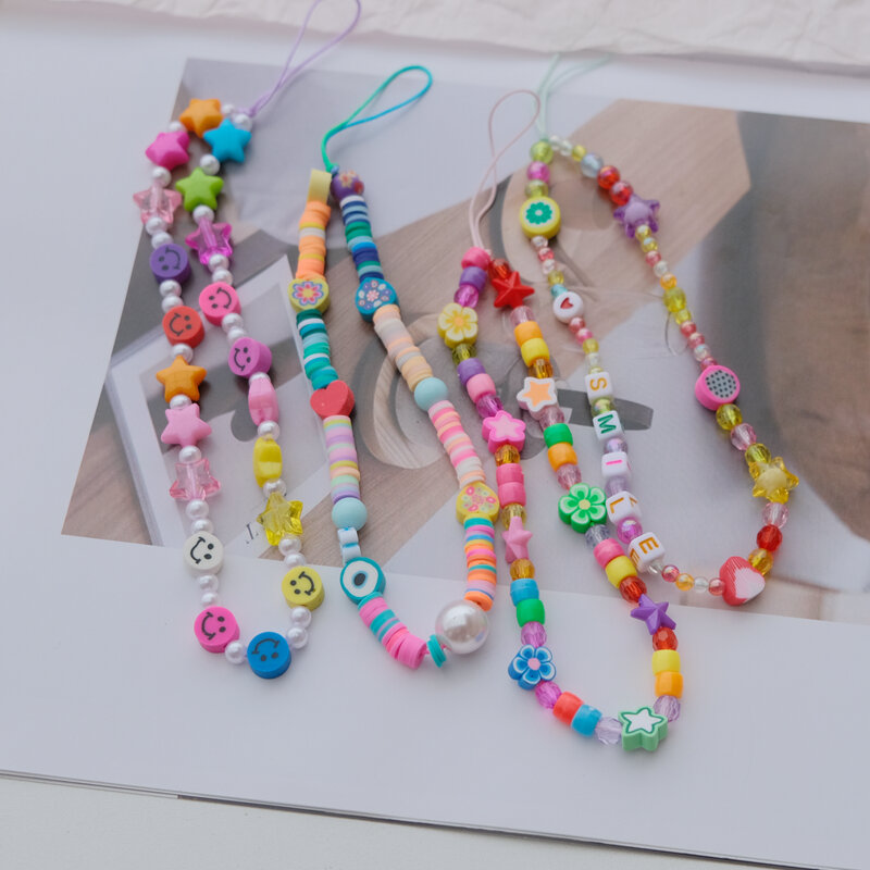 New Fashion Women's Mobile Phone Straps Colorful Fruit Stars Letters Beaded Slogan Soft Ceramic Mobile Phone Chains Accessories