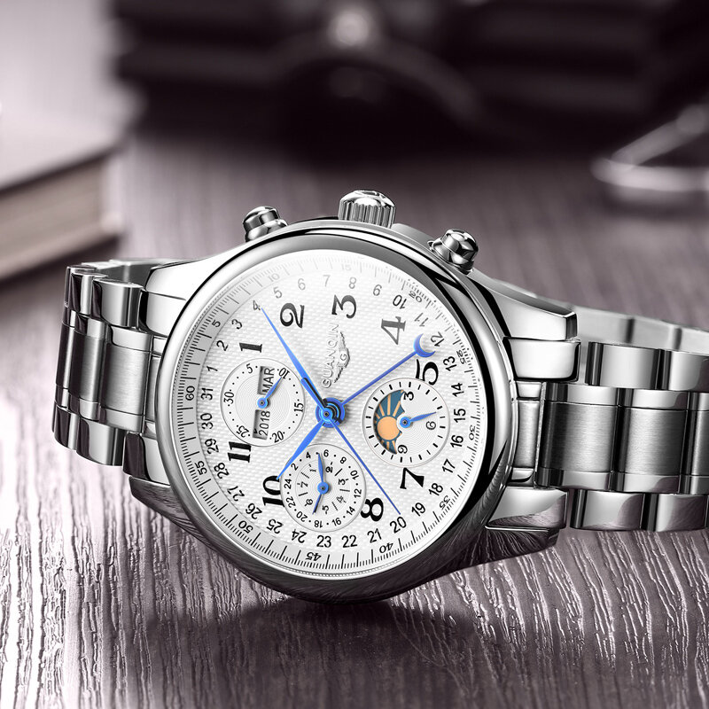 GUANQIN Automatic Watch Pria Sapphire Multifungsi Fase Bulan Pria Tahan Air Kalender Abadi Pria Mekanis Jam Tangan