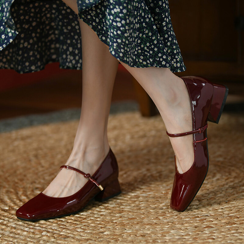 Primavera nova mulher vinho vermelho mary jane sapatos de couro genuíno moda dedo do pé quadrado fivela med salto raso deslizamento-no escritório senhora sapatos