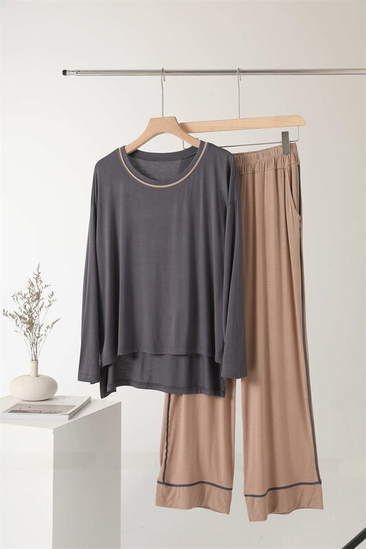 Kemeja Pulover Modal Longgar + Celana Kaki Lebar Set Dua Potong Pakaian Tidur Musim Gugur Musim Dingin Wanita Pakaian Rumah Piyama untuk Setelan Wanita