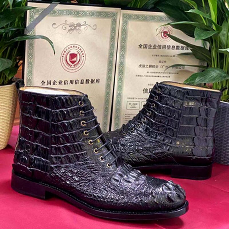 Hulangzhishi – bottes courtes en cuir de crocodile pour homme, chaussures en cuir véritable, style manuel