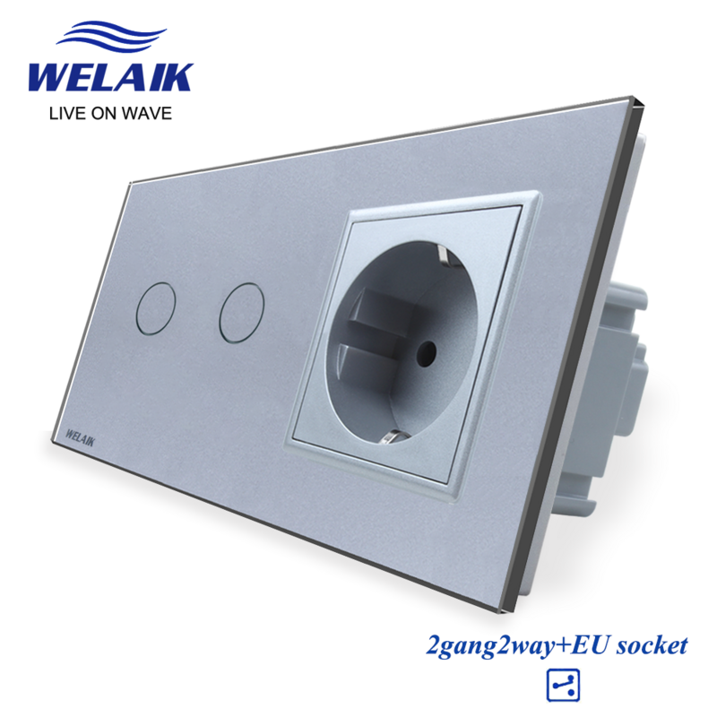 WELAIK EU 2 프레임 1 ~ 1000W 통로 2gang2way 강화 유리 패널 계단 LED 라이트 스트립 벽 터치 스위치 16A 전원 소켓 220V