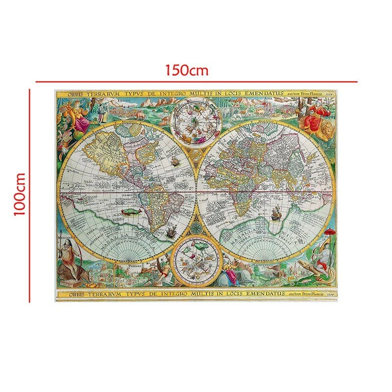 1594 Latin Vintage World Map 150x100cm włóknina płótno malarstwo dekoracyjne Globe plakat artystyczny naklejka ścienna biuro Home Decoration