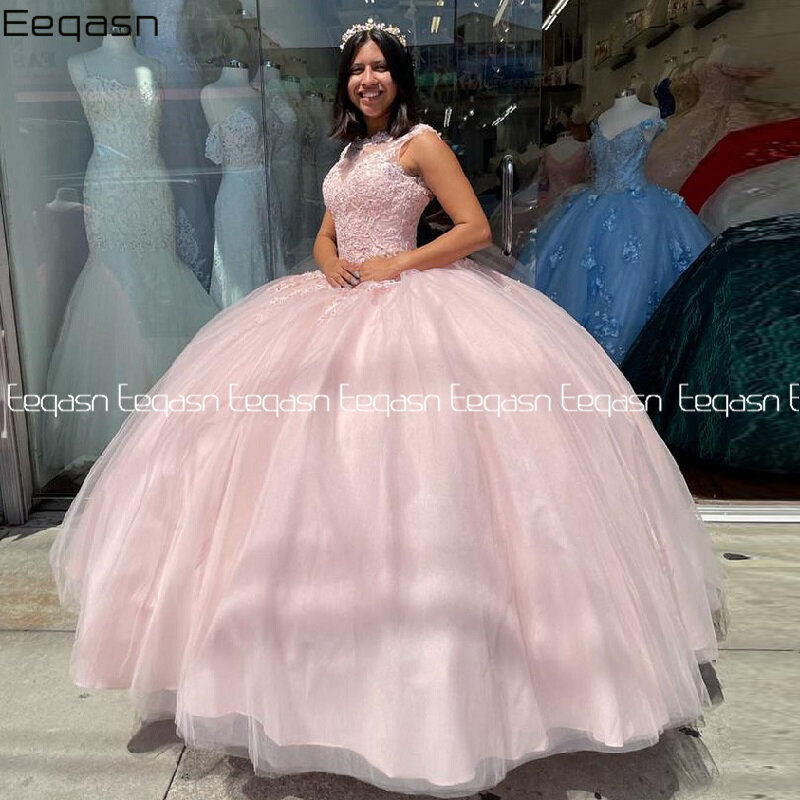 Rosa Ballkleid Quinceanera Kleid Lange vestidos de 15 años Applique Korsett Zurück Spitze Süße 16 Kleid Pageant Kleider