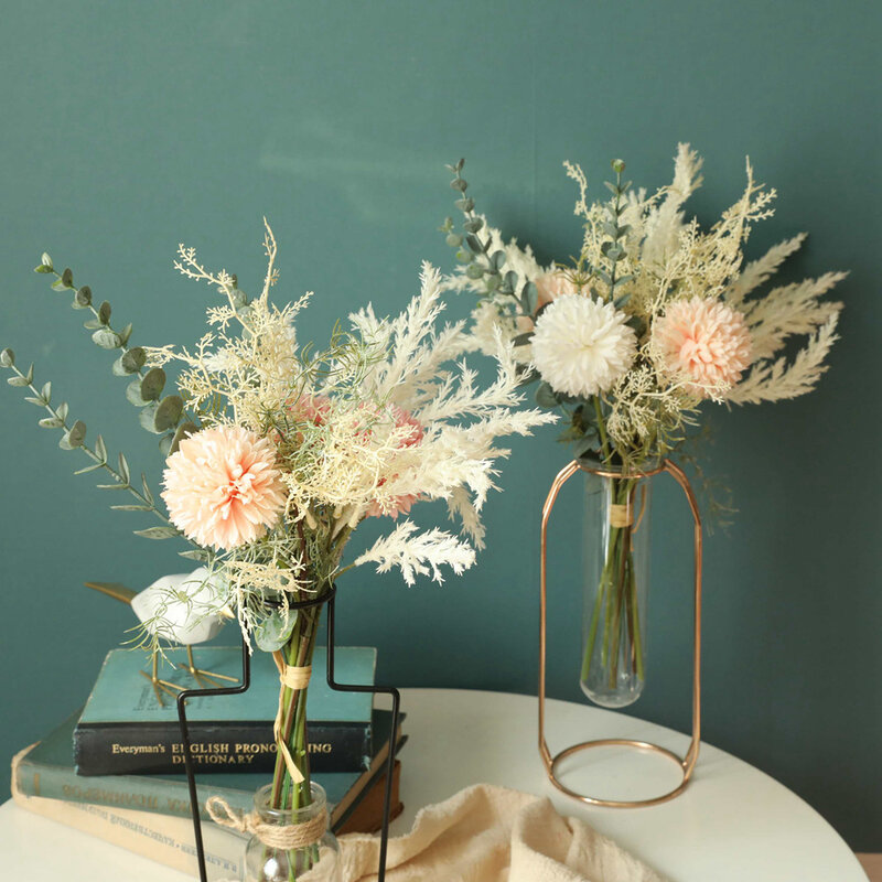 ใหม่สีขาวประดิษฐ์ดอกไม้ผ้าไหมคุณภาพสูง Dandelion Eucalyptus Hybrid ช่อตกแต่งปลอมดอกไม้
