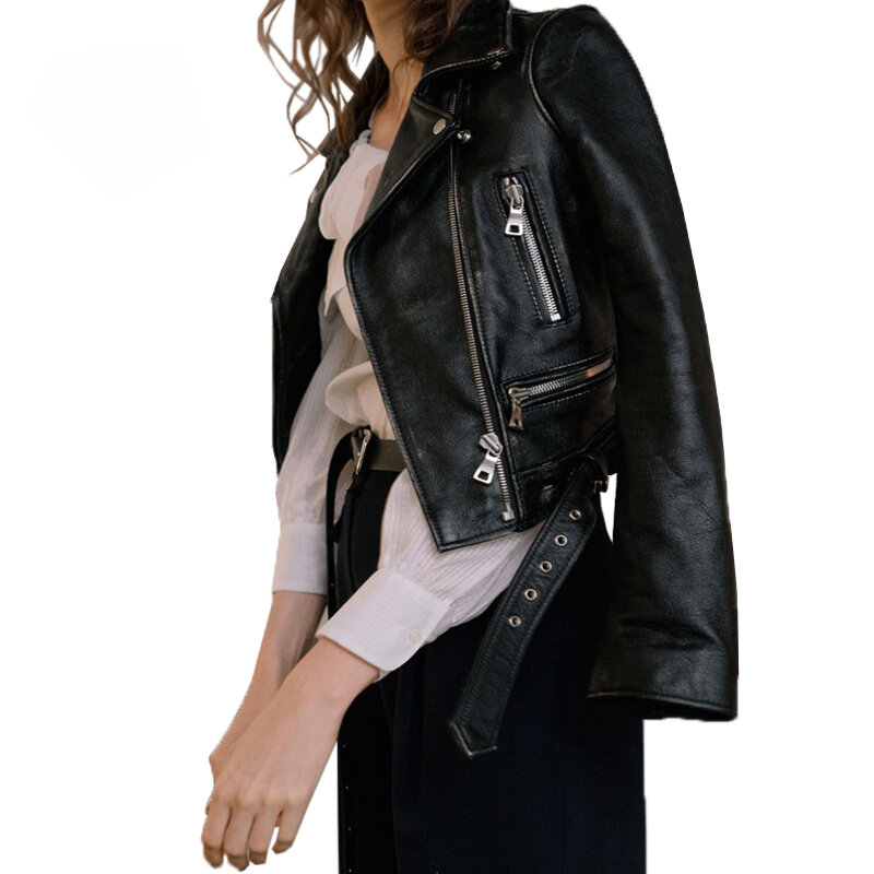 여성용 블랙 인조 가죽 재킷, 지퍼 기본 코트, 턴다운 칼라, 모터 바이커 재킷, 벨트 포함, 가을, 겨울, 신상